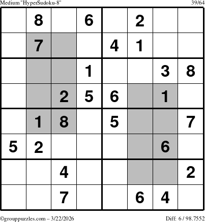 The grouppuzzles.com Medium HyperSudoku-8 puzzle for Sunday March 22, 2026