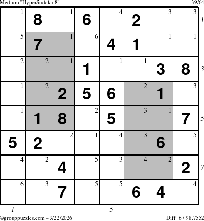 The grouppuzzles.com Medium HyperSudoku-8 puzzle for Sunday March 22, 2026 with all 6 steps marked