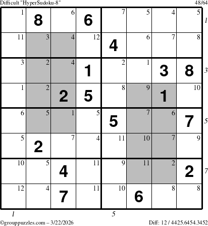 The grouppuzzles.com Difficult HyperSudoku-8 puzzle for Sunday March 22, 2026 with all 12 steps marked