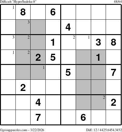 The grouppuzzles.com Difficult HyperSudoku-8 puzzle for Sunday March 22, 2026 with the first 3 steps marked