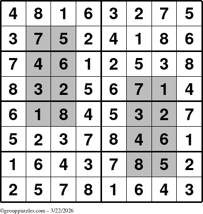 The grouppuzzles.com Answer grid for the HyperSudoku-8 puzzle for Sunday March 22, 2026