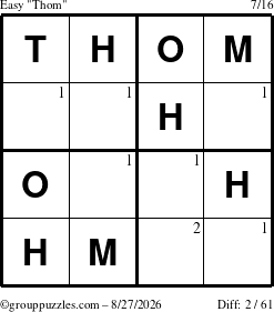 The grouppuzzles.com Easy Thom puzzle for Thursday August 27, 2026 with the first 2 steps marked