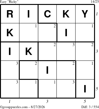The grouppuzzles.com Easy Ricky puzzle for Thursday August 27, 2026, suitable for printing, with all 3 steps marked