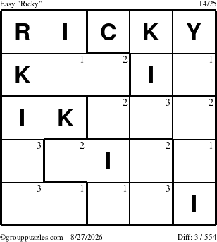 The grouppuzzles.com Easy Ricky puzzle for Thursday August 27, 2026 with the first 3 steps marked