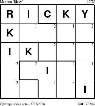 The grouppuzzles.com Medium Ricky puzzle for Thursday August 27, 2026 with the first 3 steps marked
