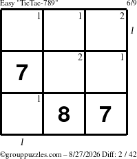 The grouppuzzles.com Easy TicTac-789 puzzle for Thursday August 27, 2026, suitable for printing, with all 2 steps marked
