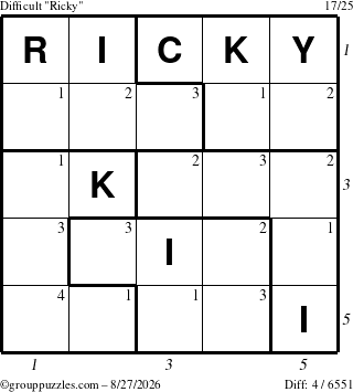 The grouppuzzles.com Difficult Ricky puzzle for Thursday August 27, 2026, suitable for printing, with all 4 steps marked
