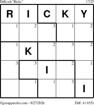 The grouppuzzles.com Difficult Ricky puzzle for Thursday August 27, 2026 with the first 3 steps marked