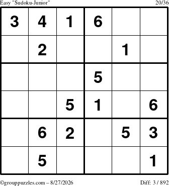 The grouppuzzles.com Easy Sudoku-Junior puzzle for Thursday August 27, 2026