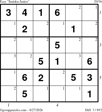The grouppuzzles.com Easy Sudoku-Junior puzzle for Thursday August 27, 2026 with all 3 steps marked
