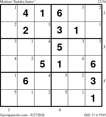The grouppuzzles.com Medium Sudoku-Junior puzzle for Thursday August 27, 2026 with all 5 steps marked