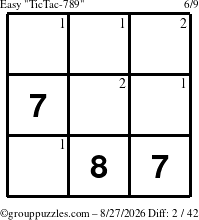 The grouppuzzles.com Easy TicTac-789 puzzle for Thursday August 27, 2026 with the first 2 steps marked