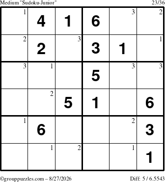The grouppuzzles.com Medium Sudoku-Junior puzzle for Thursday August 27, 2026 with the first 3 steps marked