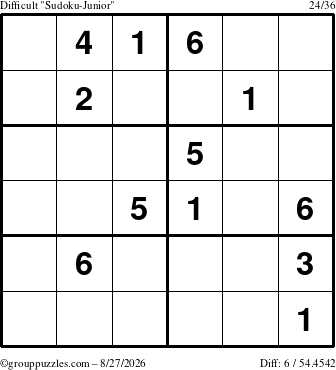 The grouppuzzles.com Difficult Sudoku-Junior puzzle for Thursday August 27, 2026