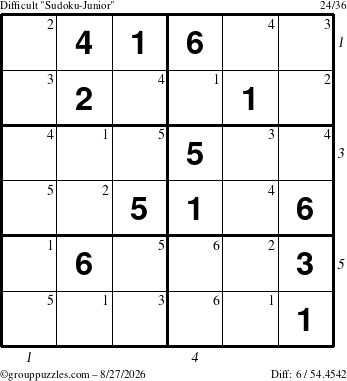 The grouppuzzles.com Difficult Sudoku-Junior puzzle for Thursday August 27, 2026, suitable for printing, with all 6 steps marked
