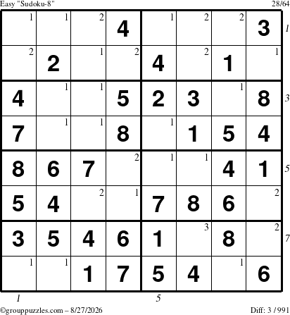 The grouppuzzles.com Easy Sudoku-8 puzzle for Thursday August 27, 2026, suitable for printing, with all 3 steps marked
