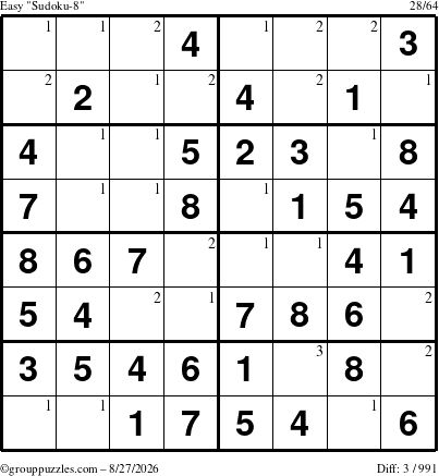 The grouppuzzles.com Easy Sudoku-8 puzzle for Thursday August 27, 2026 with the first 3 steps marked