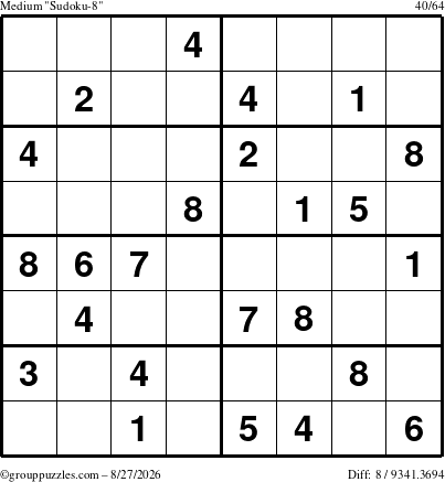 The grouppuzzles.com Medium Sudoku-8 puzzle for Thursday August 27, 2026