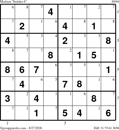 The grouppuzzles.com Medium Sudoku-8 puzzle for Thursday August 27, 2026, suitable for printing, with all 8 steps marked