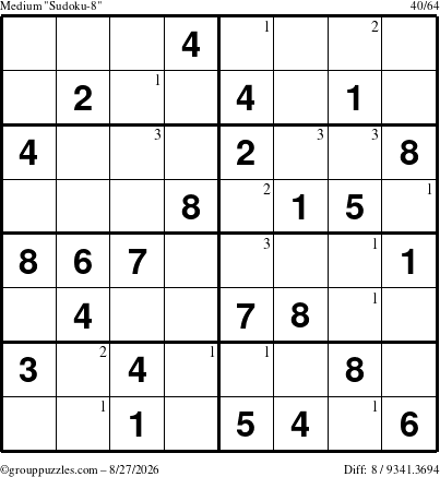 The grouppuzzles.com Medium Sudoku-8 puzzle for Thursday August 27, 2026 with the first 3 steps marked