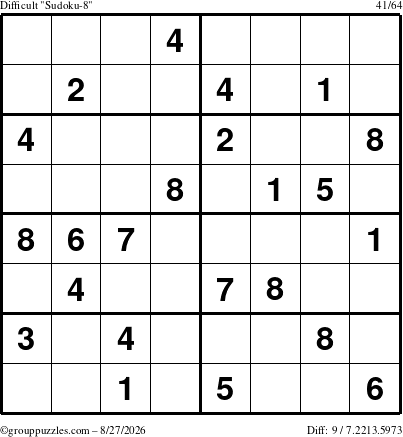 The grouppuzzles.com Difficult Sudoku-8 puzzle for Thursday August 27, 2026