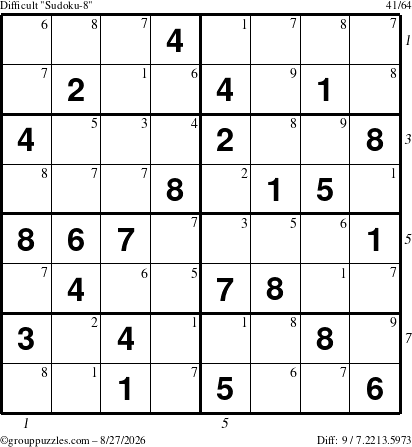 The grouppuzzles.com Difficult Sudoku-8 puzzle for Thursday August 27, 2026 with all 9 steps marked