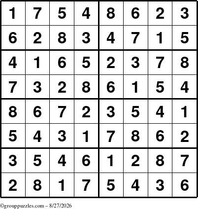 The grouppuzzles.com Answer grid for the Sudoku-8 puzzle for Thursday August 27, 2026