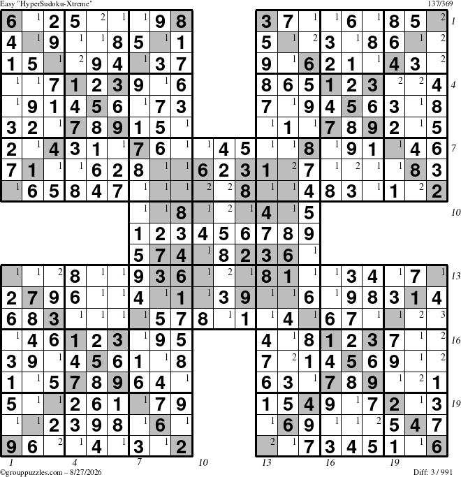 The grouppuzzles.com Easy cover-HyperXtreme puzzle for Thursday August 27, 2026, suitable for printing, with all 3 steps marked