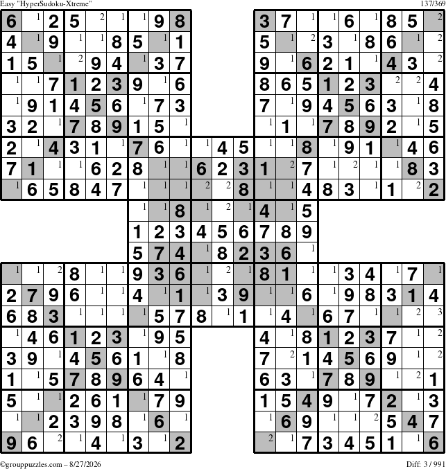 The grouppuzzles.com Easy cover-HyperXtreme puzzle for Thursday August 27, 2026 with the first 3 steps marked