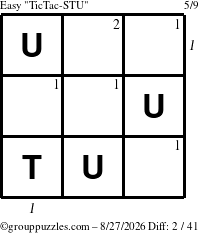 The grouppuzzles.com Easy TicTac-STU puzzle for Thursday August 27, 2026, suitable for printing, with all 2 steps marked