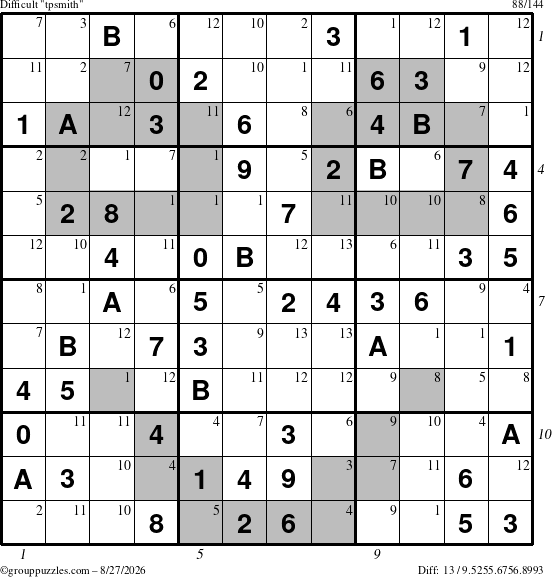 The grouppuzzles.com Difficult tpsmith puzzle for Thursday August 27, 2026 with all 13 steps marked