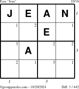 The grouppuzzles.com Easy Jean puzzle for Sunday October 20, 2024 with all 3 steps marked