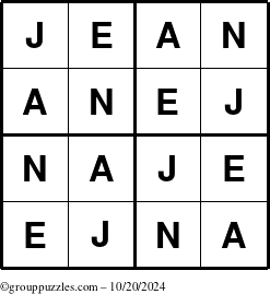 The grouppuzzles.com Answer grid for the Jean puzzle for Sunday October 20, 2024