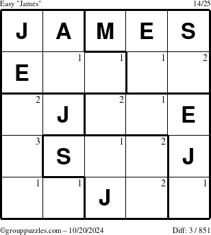 The grouppuzzles.com Easy James puzzle for Sunday October 20, 2024 with the first 3 steps marked