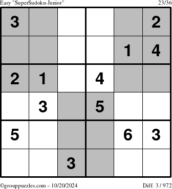 The grouppuzzles.com Easy SuperSudoku-Junior puzzle for Sunday October 20, 2024