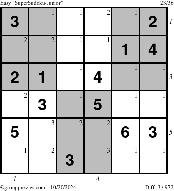 The grouppuzzles.com Easy SuperSudoku-Junior puzzle for Sunday October 20, 2024 with all 3 steps marked