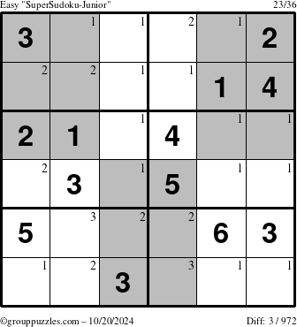 The grouppuzzles.com Easy SuperSudoku-Junior puzzle for Sunday October 20, 2024 with the first 3 steps marked