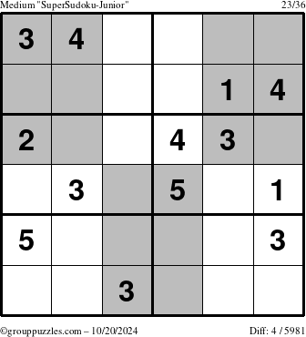 The grouppuzzles.com Medium SuperSudoku-Junior puzzle for Sunday October 20, 2024