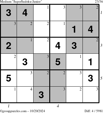 The grouppuzzles.com Medium SuperSudoku-Junior puzzle for Sunday October 20, 2024 with all 4 steps marked