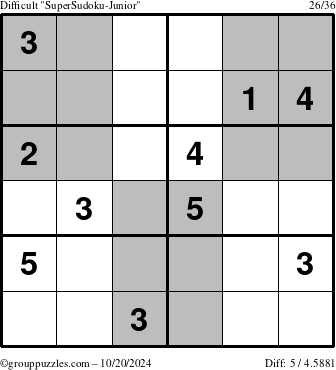 The grouppuzzles.com Difficult SuperSudoku-Junior puzzle for Sunday October 20, 2024