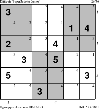 The grouppuzzles.com Difficult SuperSudoku-Junior puzzle for Sunday October 20, 2024 with all 5 steps marked