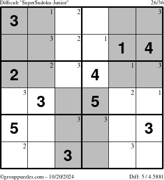 The grouppuzzles.com Difficult SuperSudoku-Junior puzzle for Sunday October 20, 2024 with the first 3 steps marked