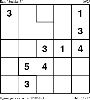 The grouppuzzles.com Easy Sudoku-5 puzzle for Sunday October 20, 2024