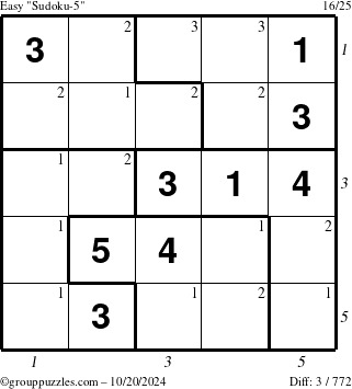 The grouppuzzles.com Easy Sudoku-5 puzzle for Sunday October 20, 2024 with all 3 steps marked