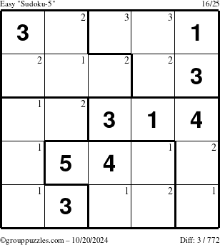 The grouppuzzles.com Easy Sudoku-5 puzzle for Sunday October 20, 2024 with the first 3 steps marked