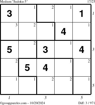 The grouppuzzles.com Medium Sudoku-5 puzzle for Sunday October 20, 2024 with all 3 steps marked