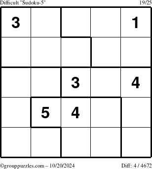 The grouppuzzles.com Difficult Sudoku-5 puzzle for Sunday October 20, 2024