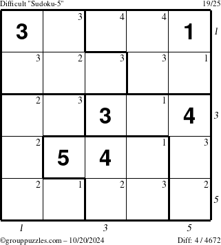 The grouppuzzles.com Difficult Sudoku-5 puzzle for Sunday October 20, 2024 with all 4 steps marked