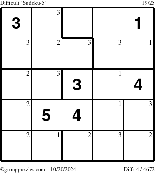 The grouppuzzles.com Difficult Sudoku-5 puzzle for Sunday October 20, 2024 with the first 3 steps marked