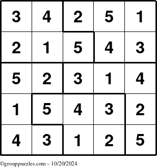 The grouppuzzles.com Answer grid for the Sudoku-5 puzzle for Sunday October 20, 2024